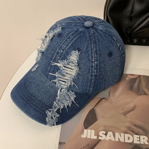 Summer Korean Style Denim Make Old Ripped Peaked Cap