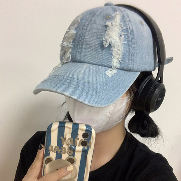 Summer Korean Style Denim Make Old Ripped Peaked Cap