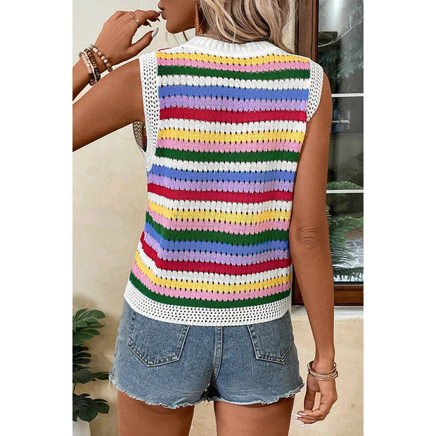 European And American Dopamine Contrast Color Striped Round Neck Pullover