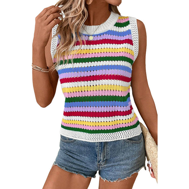 European And American Dopamine Contrast Color Striped Round Neck Pullover