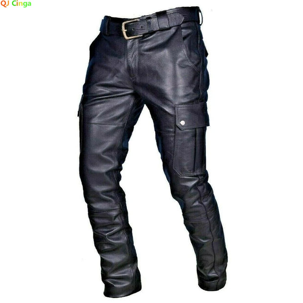 Stylish Men's Leather Motorcycle Pants, with Cargo Pockets, Black, PU