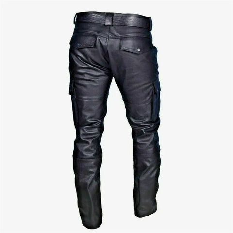 Stylish Men's Leather Motorcycle Pants, with Cargo Pockets, Black, PU