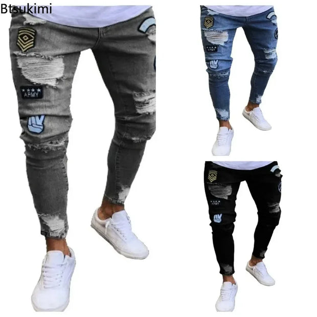 New Streetwear Black Ripped Jeans Men Skinny Slim Fit Blue Hip Hop