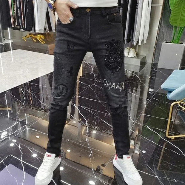 Fashion Men‘s Skinny Jeans Stick Rhinestone Slim fit Stretch Jeans Man