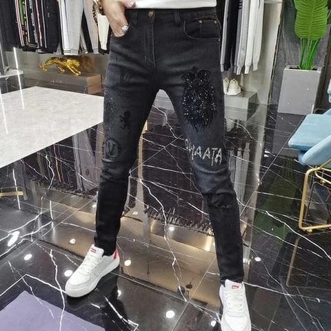 Fashion Men‘s Skinny Jeans Stick Rhinestone Slim fit Stretch Jeans Man