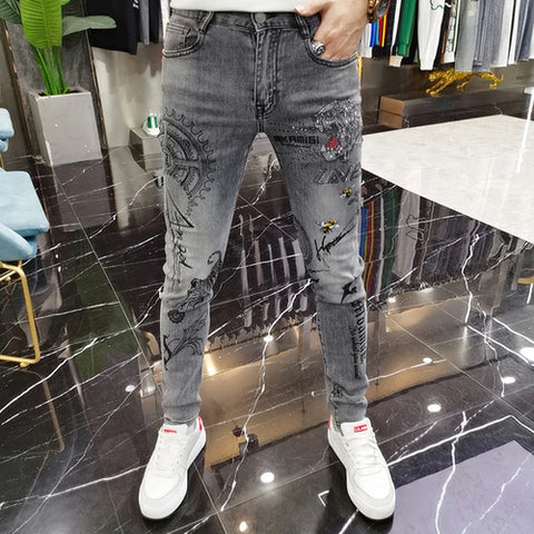 Fashion Men‘s Skinny Jeans Stick Rhinestone Slim fit Stretch Jeans Man