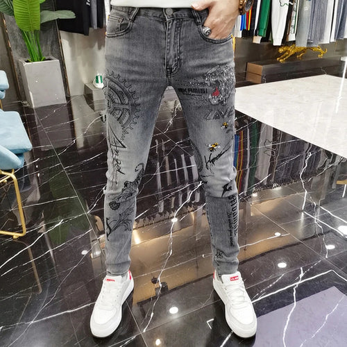 Fashion Men‘s Skinny Jeans Stick Rhinestone Slim fit Stretch Jeans Man