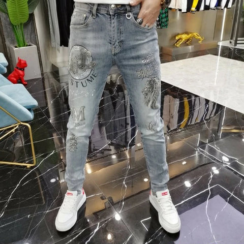 Fashion Men‘s Skinny Jeans Stick Rhinestone Slim fit Stretch Jeans Man