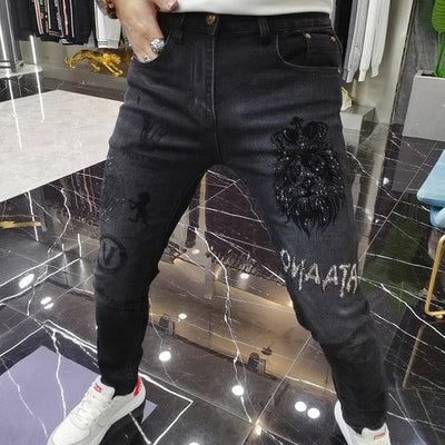 Fashion Men‘s Skinny Jeans Stick Rhinestone Slim fit Stretch Jeans Man