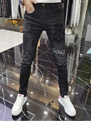 Fashion Men‘s Skinny Jeans Stick Rhinestone Slim fit Stretch Jeans Man