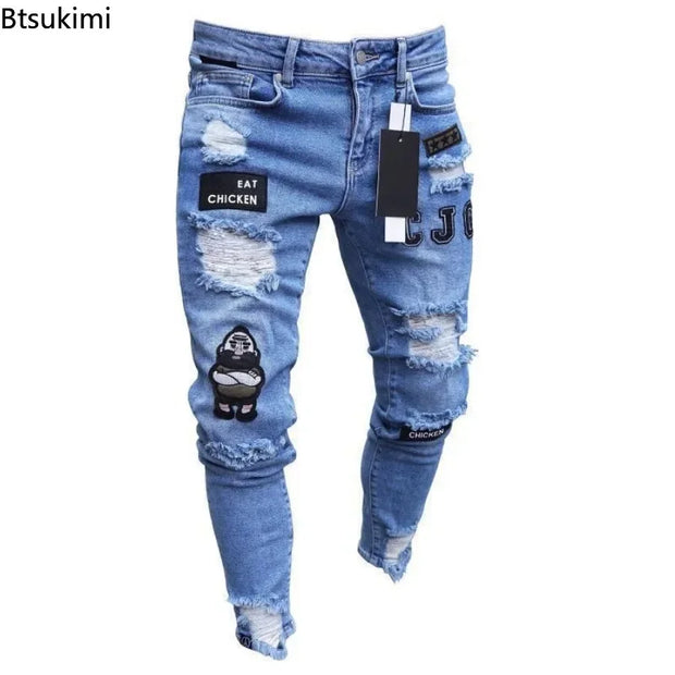 New Streetwear Black Ripped Jeans Men Skinny Slim Fit Blue Hip Hop