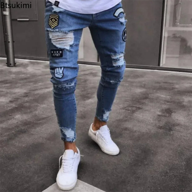 New Streetwear Black Ripped Jeans Men Skinny Slim Fit Blue Hip Hop