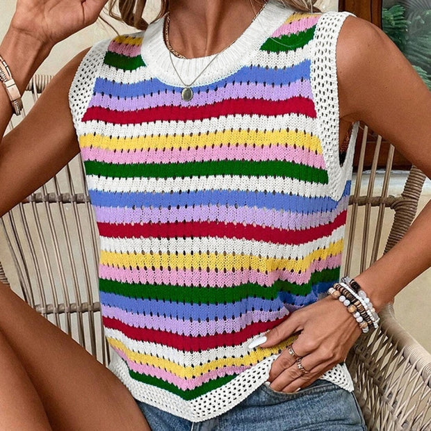 European And American Dopamine Contrast Color Striped Round Neck Pullover