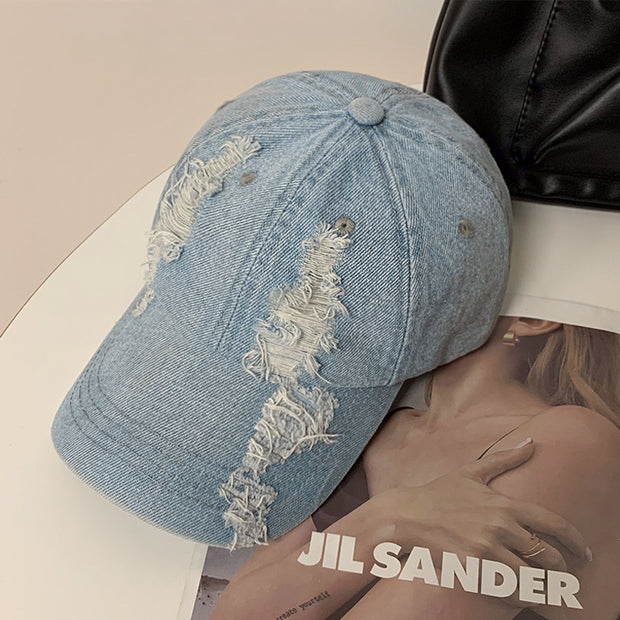 Summer Korean Style Denim Make Old Ripped Peaked Cap